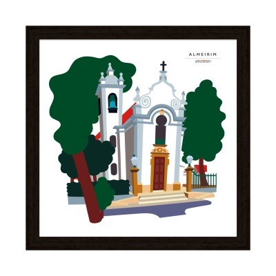 Ilustração digital de igreja branca com sino e árvores verdes