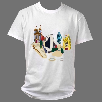 T-shirt branca com ilustração colorida de Porto e texto 'PORTO portugal'.