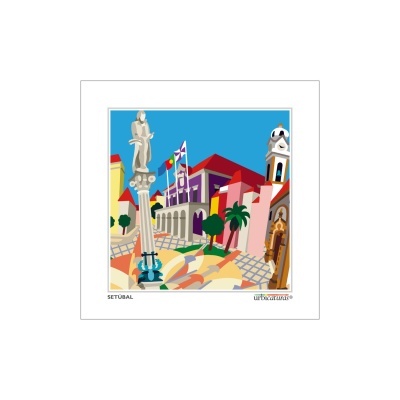 Ilustração colorida de uma praça com estátua e edifícios em Setúbal
