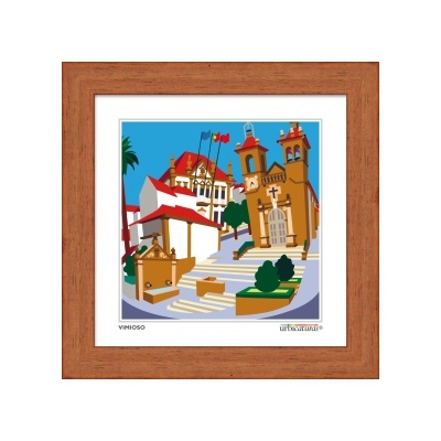 Gravura colorida de cena urbana com edifícios históricos em moldura de madeira