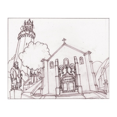 Desenho a lápis de um edifício com porta decorada, estátua, árvore e torre ao fundo