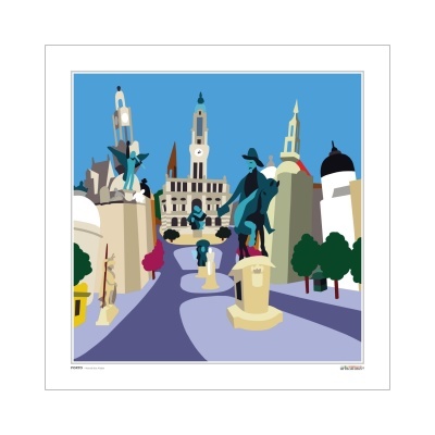 Ilustração estilizada de praça urbana com esculturas e edifícios sob céu azul