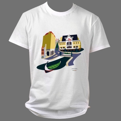 T-shirt branca com ilustração urbana colorida e texto Aveiro Portugal