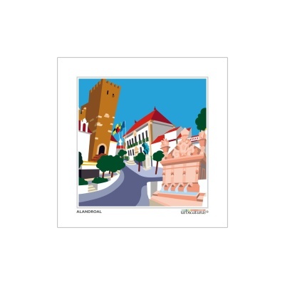 Ilustração colorida de praça com torre, edifício, árvores, fonte e bandeiras