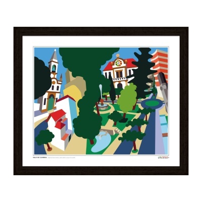 Ilustração gráfica colorida de Vale de Cambra com capela, jardim e edifícios emoldurada