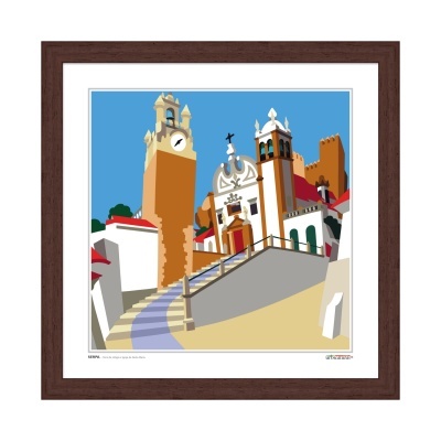 Ilustração colorida de igreja e torre em quadro com moldura castanha