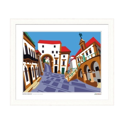 Quadro com ilustração colorida de uma rua com casas em tons claros e telhados vermelhos