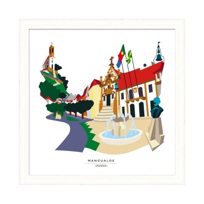 Ilustração colorida de praça em Mangualde com edifícios, fontes, árvores e bandeiras