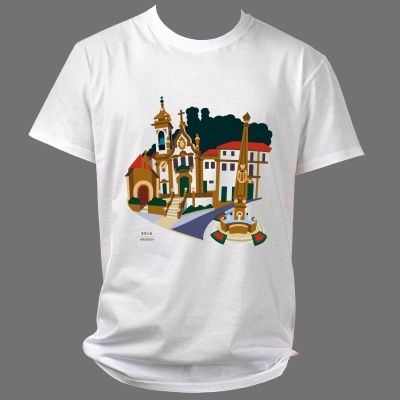 T-shirt branca com design colorido de edifícios históricos