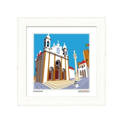 Quadro com imagem artística de uma igreja em Monsaraz com moldura branca