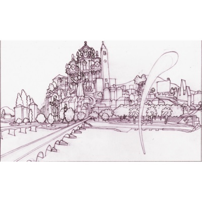 Desenho a tinta castanha de paisagem urbana com edifício detalhado e árvores