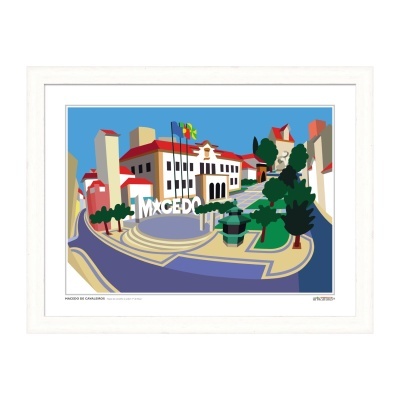 Ilustração estilizada colorida do Paço de Cavalaria com texto MACEDO