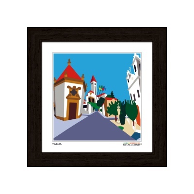 Quadro com ilustração gráfica de edifícios tradicionais e céu azul