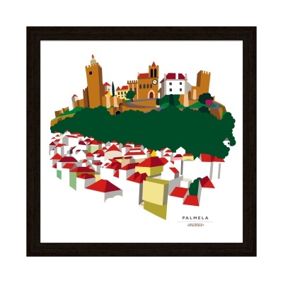 Gravura artística da vila de Palmela com castelo e casas de telhado vermelho