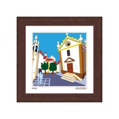 Ilustração colorida de igrejas e árvores em quadro com moldura castanha