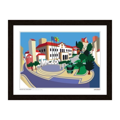 Pôster colorido emoldurado com arte vetorial de edifício e paisagem urbana