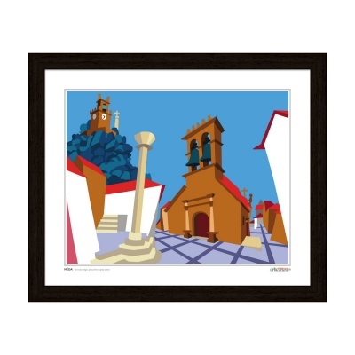 Ilustração de uma praça com igreja, coluna e edifícios coloridos