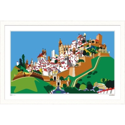 Ilustração colorida de cidade muralhada num quadro branco