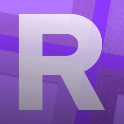 Letra R branca sobre fundo roxo com padrão geométrico