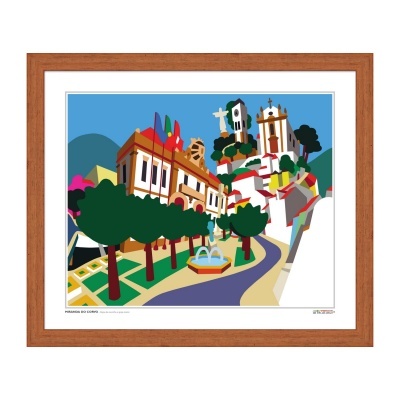 Ilustração colorida de rua com árvores, fonte, edifícios e igrejas, em moldura de madeira