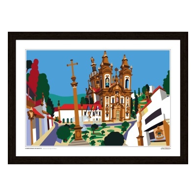 Ilustração digital de igreja barroca com torres e estátuas em frente