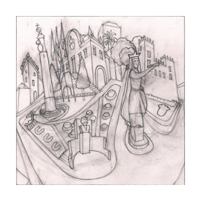 Desenho a lápis de uma maquete de cidade com edifícios, estátua e obelisco