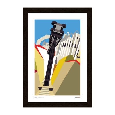 Imagem digital moderna emoldurada com arquitetura colorida e texto LISBOA