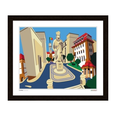 Ilustração em quadro de estátua numa praça urbana com edifícios e céu azul