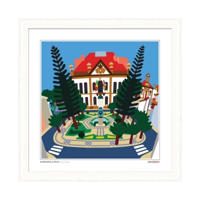 Ilustração de jardim e edifício com telhado vermelho e árvores altas