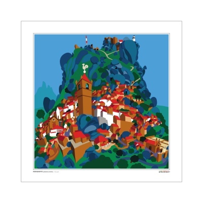 Ilustração estilizada de vila em penhasco com casas vermelhas e brancas