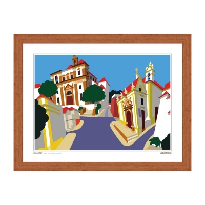 Gravura colorida emoldurada com edifícios históricos e árvores