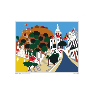 Ilustração colorida de rua inclinada com edifícios, castelo e árvores