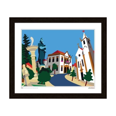 Quadro com arte de praça urbana e estátua em moldura de madeira escura