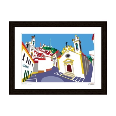 Quadro com imagem de edifícios tradicionais coloridos e céu azul