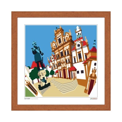 Ilustração de praça com estátua e edifícios históricos em moldura de madeira