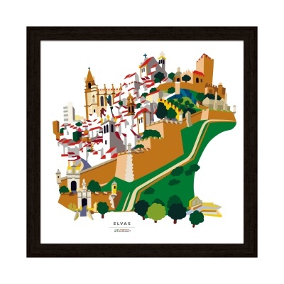 Ilustração colorida da cidade de Elvas com edifícios históricos e muralhas emoldurada em preto