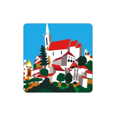 Ilustração de edifícios brancos com telhados vermelhos e torre de igreja