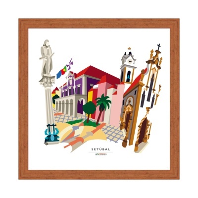 Ilustração colorida da cidade de Setúbal com edifícios históricos e palmeiras, em moldura castanha