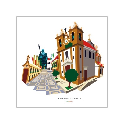 Ilustração colorida de edifícios históricos e caminho geométrico em Samora Correia
