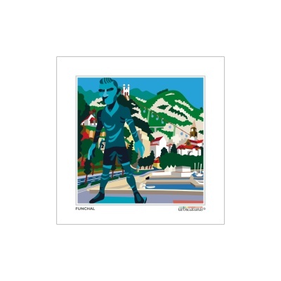 Ilustração gráfica colorida de figura azul e cidade com colina e igreja ao fundo