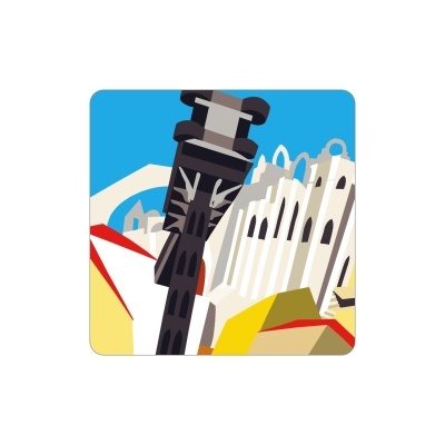 Ilustração gráfica de edifícios brancos e amarelos com uma torre preta central e céu azul