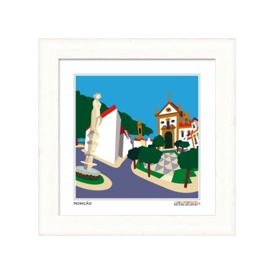 Quadro ilustrativo colorido de paisagem urbana com estátua, igreja e árvores com moldura branca
