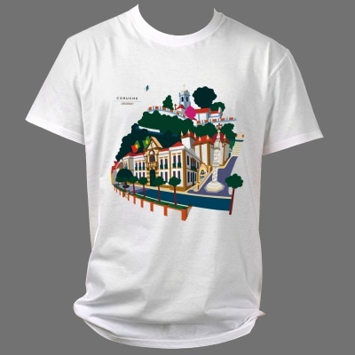 T-shirt branca com desenho colorido de edifícios e texto Coruñe Espanha