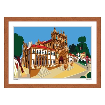 gravura digital de igreja e edifícios adjacentes em moldura de madeira