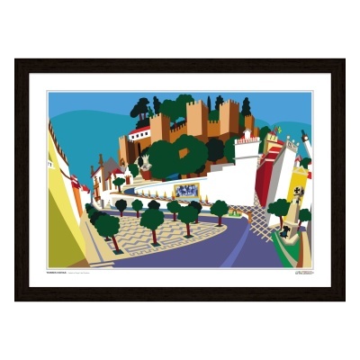 Ilustração colorida de uma paisagem urbana com castelo e árvores