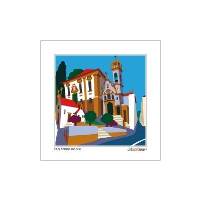 Postal colorido da igreja de São Pedro do Sul com céu azul