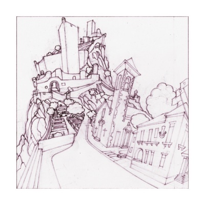 Desenho a lápis de uma rua com edifícios antigos numa colina