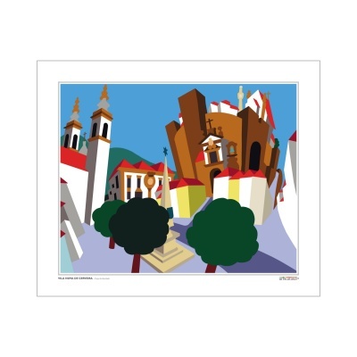 Ilustração estilizada de vila com edifícios coloridos e árvores sob céu azul