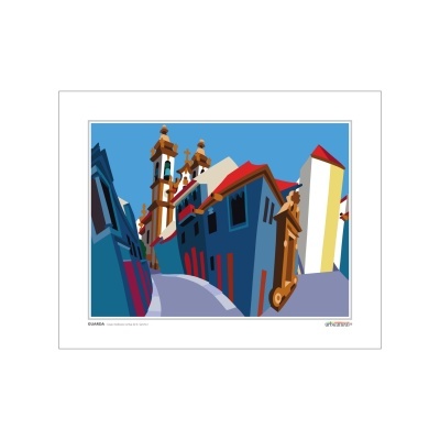 Ilustração digital colorida de rua com edifícios e torres em azul, castanho, amarelo e vermelho