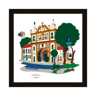 Ilustração colorida de arquitetura clássica com árvores e monumento em moldura preta